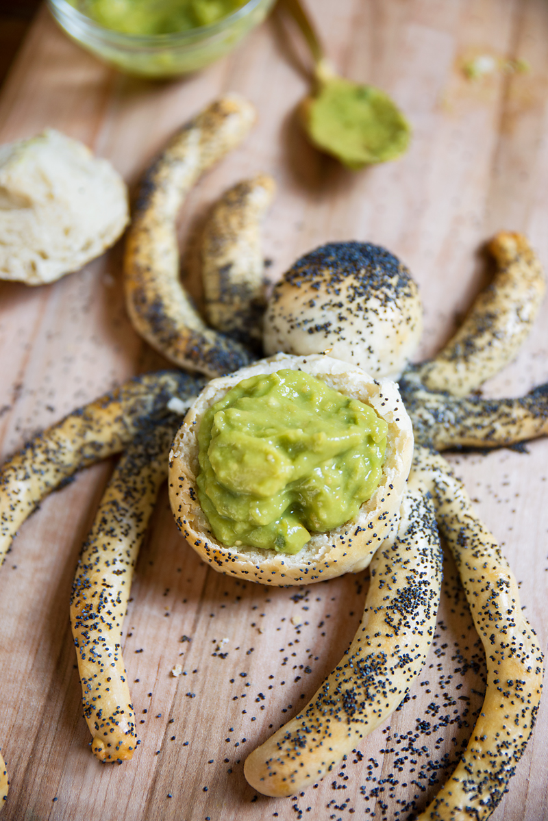 Your party guests will have a frighteningly good time while noshing on these surprisingly simple Pizza Dough Spider Dip Bowls. Fill them up with marinara or guacamole to please all of the ghouls and goblins in your crowd!Pizza Dough Spider Guacamole Dip SoFabFood