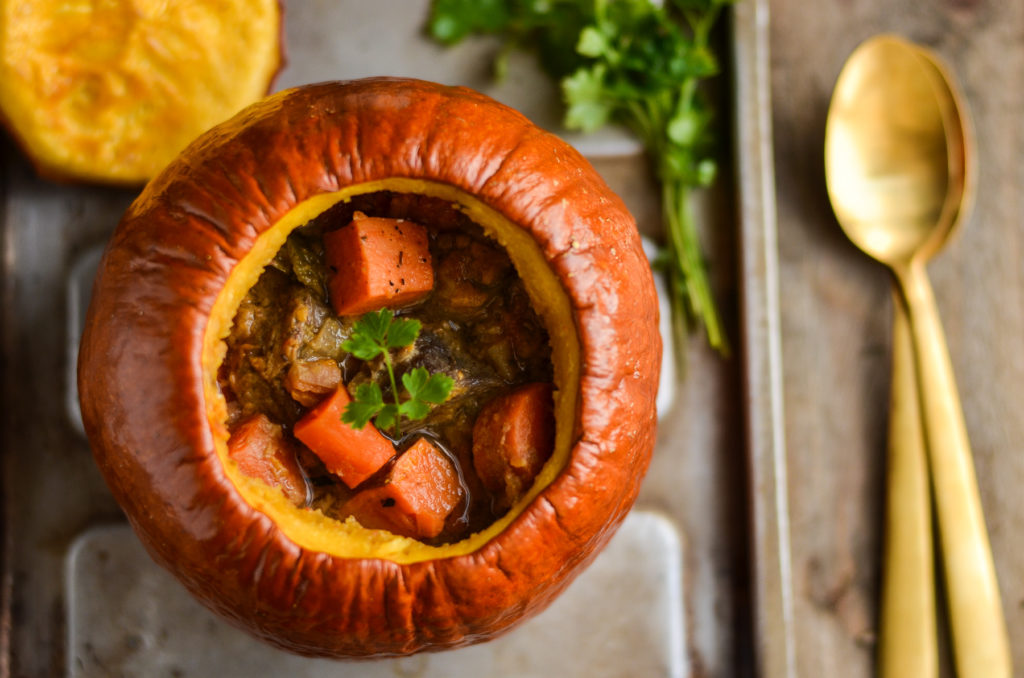This Hearty Beef Stew recipe gets a makeover when it's cooked in it's own Pumpkin Shell! The presentation of this slow cooked recipe will delight everyone.