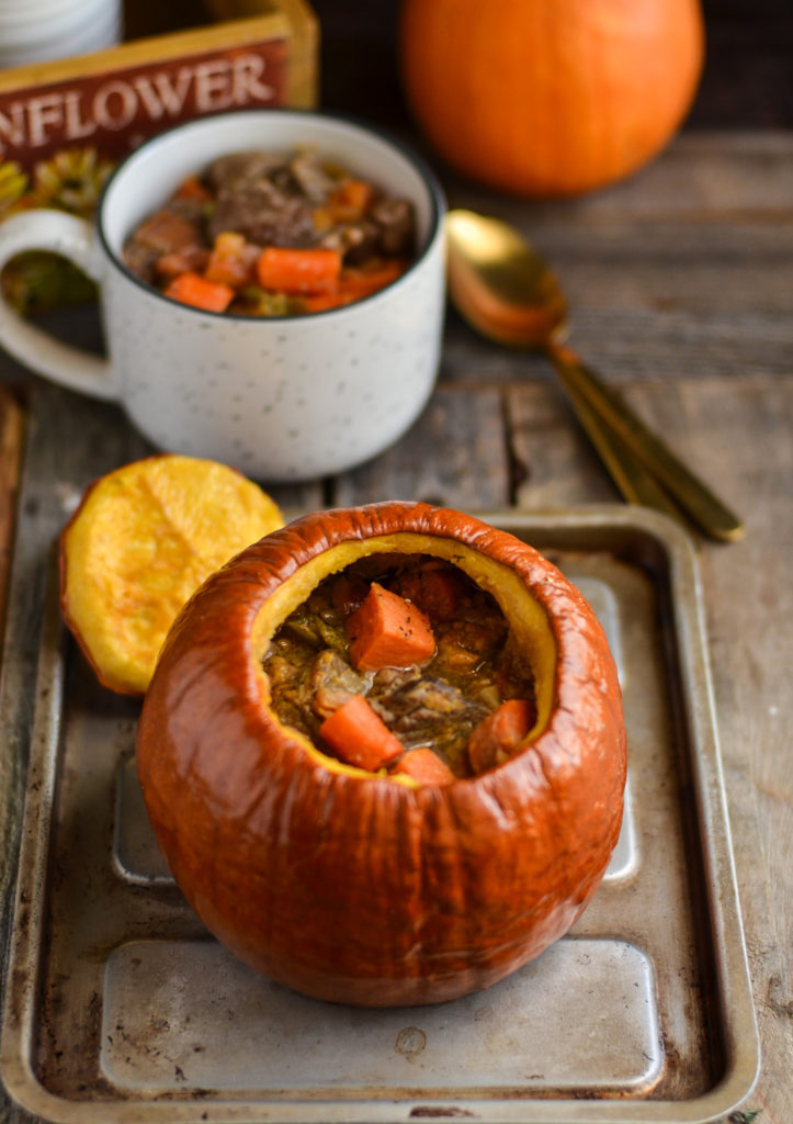 This Hearty Pumpkin Shell Beef Stew recipe combines the best of all things fall. A classic beef stew is served up in pumpkin shell bowls for a fantastic presentation and a satisfyingly delicious meal!