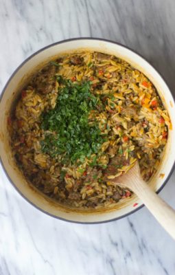 This 5-Ingredient Sausage Orzo Cassoulet with bell peppers and Cajun seasoning is the perfect quick and easy one-pot weeknight meal.
