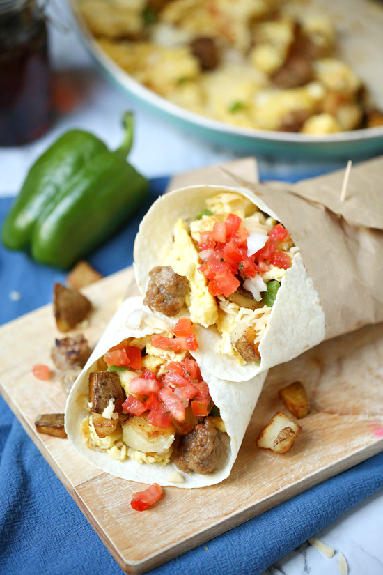 This loaded Smoky Maple Breakfast Burrito uses maple sausage, eggs, and potatoes to start your day off right! You can make a little or a lot, and freeze the rest for easy grab-and-go mornings.