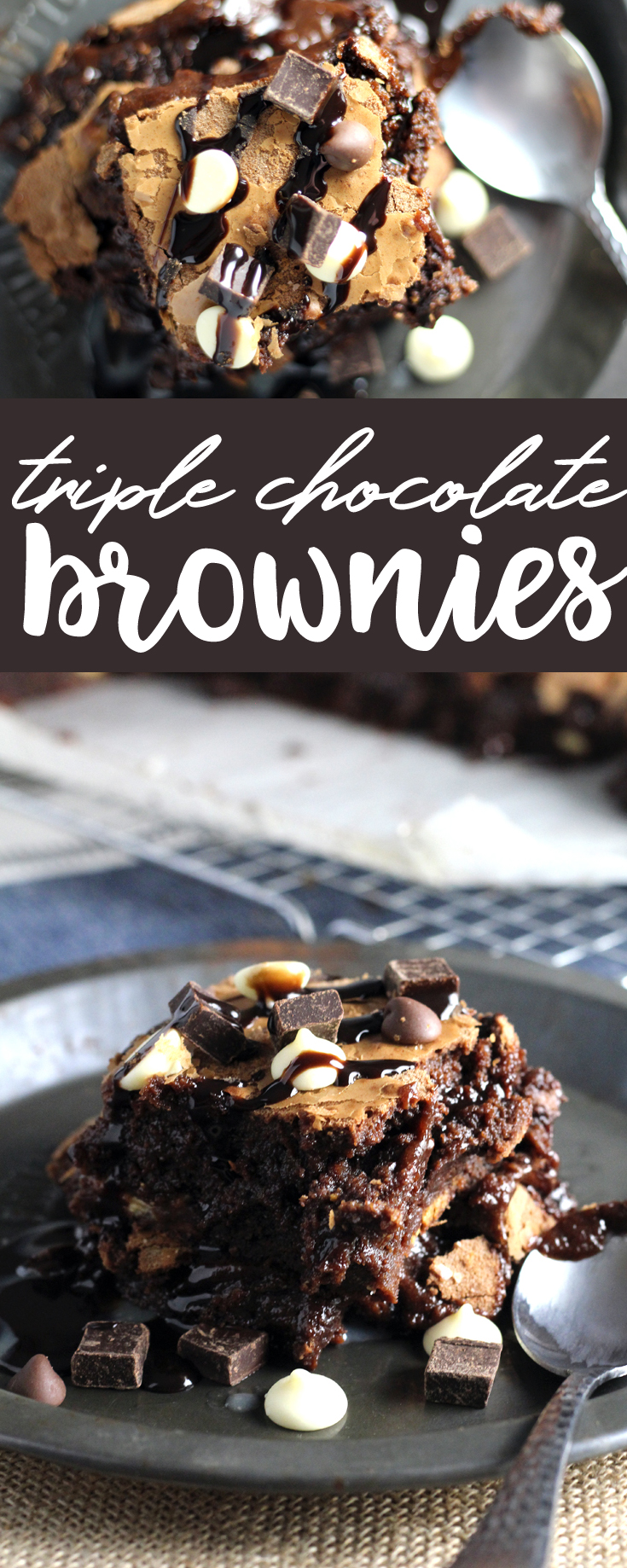 The amount of chocolate in these Triple Chocolate Chunk Brownies should be illegal. Rich and fudgy with chunks of dark, milk, and white chocolate baked in, this is the perfect cheat day dessert!