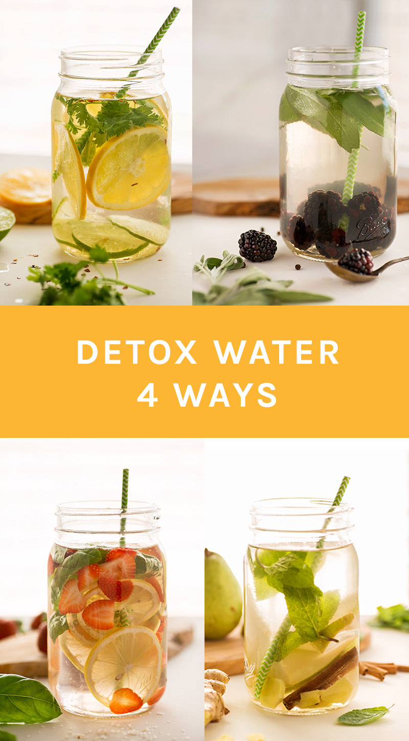Reap the health benefits of tasty Detox Water 4 Ways. Read on to find out why you need Citrus Energy, Blackberry Digest, Lemonade Hydration, and Pear Vigor detox drinks in your life!