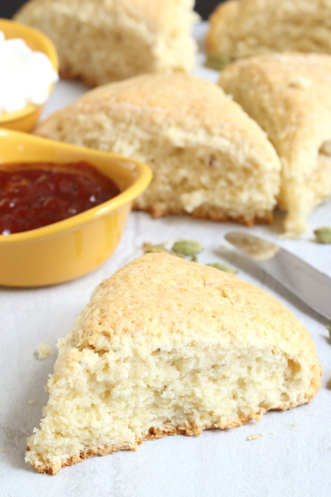 These Eggless Cardamom Scones are simple to make and perfect for a quick breakfast or afternoon snack. Eat them plain, or pair them with butter or jam and cream!