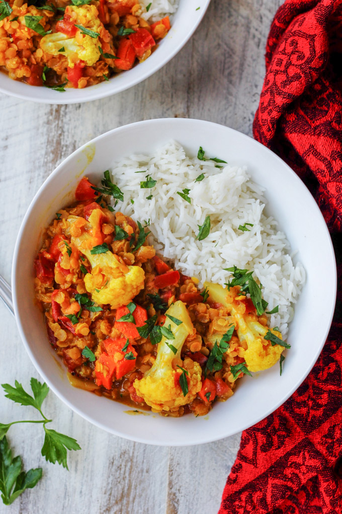 Indian Dhal with Cauliflower, Tomatoes, and Coconut Milk