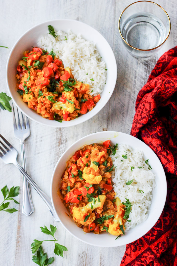 This authentic Coconut Milk Cauliflower Indian Dhal is a powerhouse of nutrients with a host of vegetables and Indian spices that can be ready in about 30 minutes with only one pan!