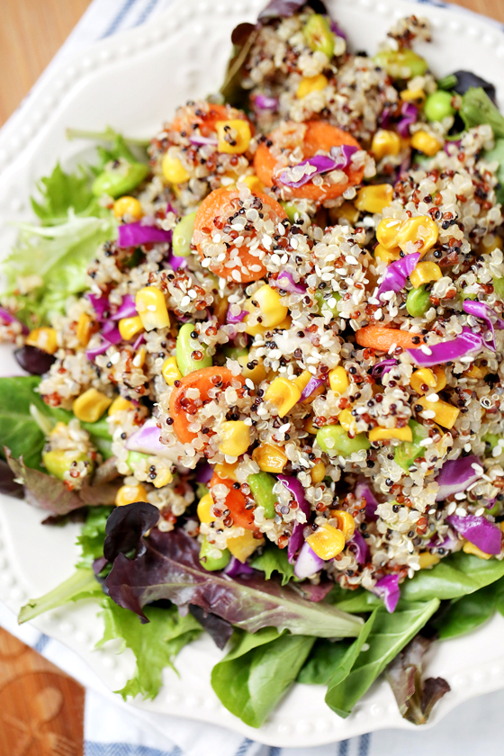 With a rich, earthy flavor and a drizzle of homemade sesame ginger dressing, this Rainbow Quinoa Edamame Veggie Salad is as delicious as it is gorgeous! Perfect for Sunday meal prep and certain to become a new family favorite.