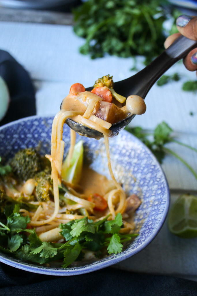 Looking to beat the chill this winter? Warm up with a big bowl of this Thai-inspired Veggie Coconut Curry Noodle Soup! This wonderful bowl of comfort food is ready in less than 30 minutes!