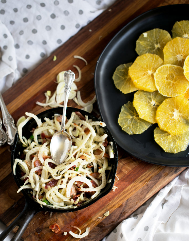 Deliciously refreshing, you'll love this Fennel Orange Salad with Spicy Honey Bacon. It's the perfect accompaniment to heavy winter meals, but it's so satisfying, it's a fantastic meal on its own!