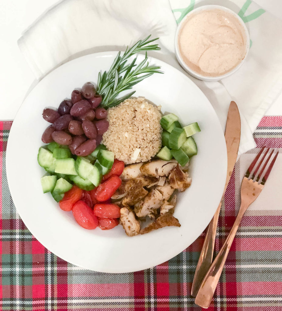 Stick to your healthy eating goals with this flavorful Greek Spiced Chicken Quinoa Bowl with Spicy Cucumber Sauce for lunch. Easy to Sunday meal prep so you're ready for your mid-day meal all week long!