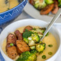 With only seven ingredients and 20 minutes, you can have this skillet meal on the table. Chorizo Cheesy Grits with Crispy Broccoli is a budget-friendly meal costing just $10 for a family of four's simple weeknight meal.