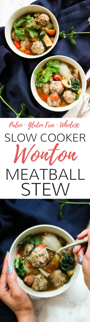 This Paleo Slow Cooker Wonton Meatball Stew is a simple comfort food that's perfect for a weeknight meal. This one-pot meal is full of homemade meatballs, vegetables, and amazing Asian flavors!