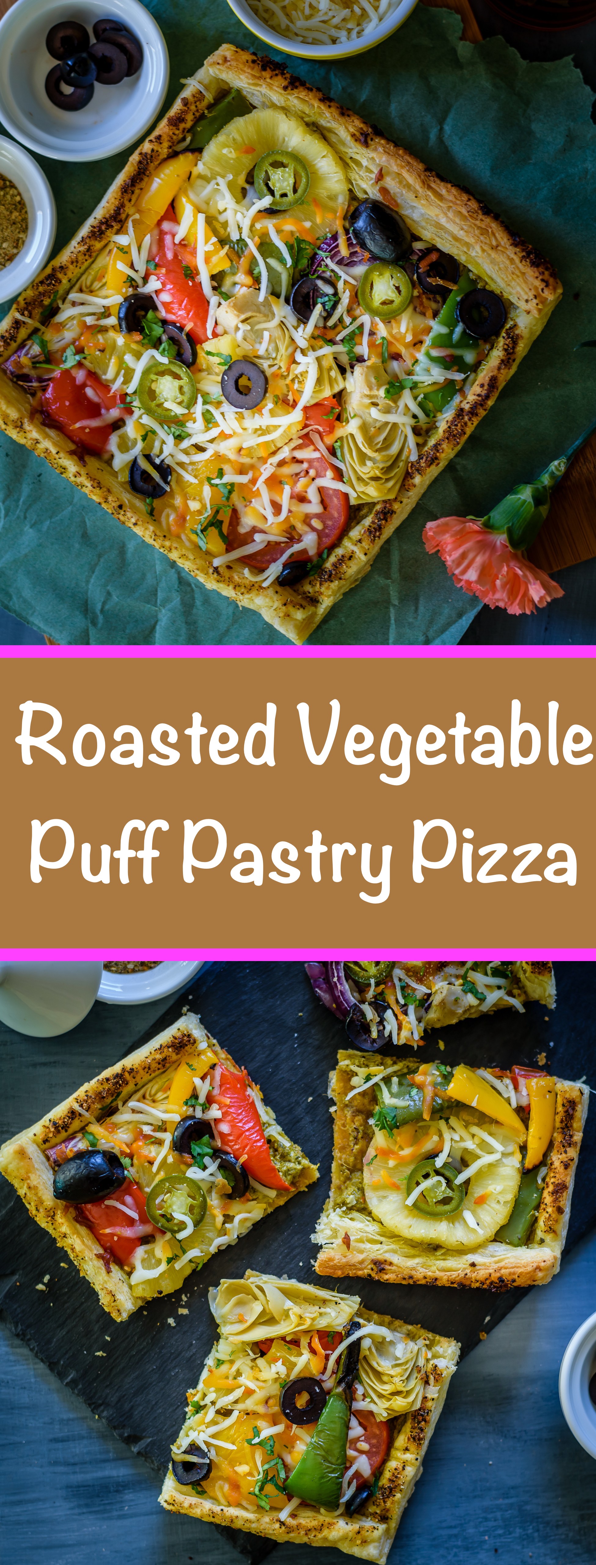 This Roasted Vegetable Puff Pastry Pizza is the perfect healthy comfort food. The simple puff pastry base makes this semi-homemade meal quick enough for a weeknight meal, but fancy enough for a date night in when you're cooking for two.