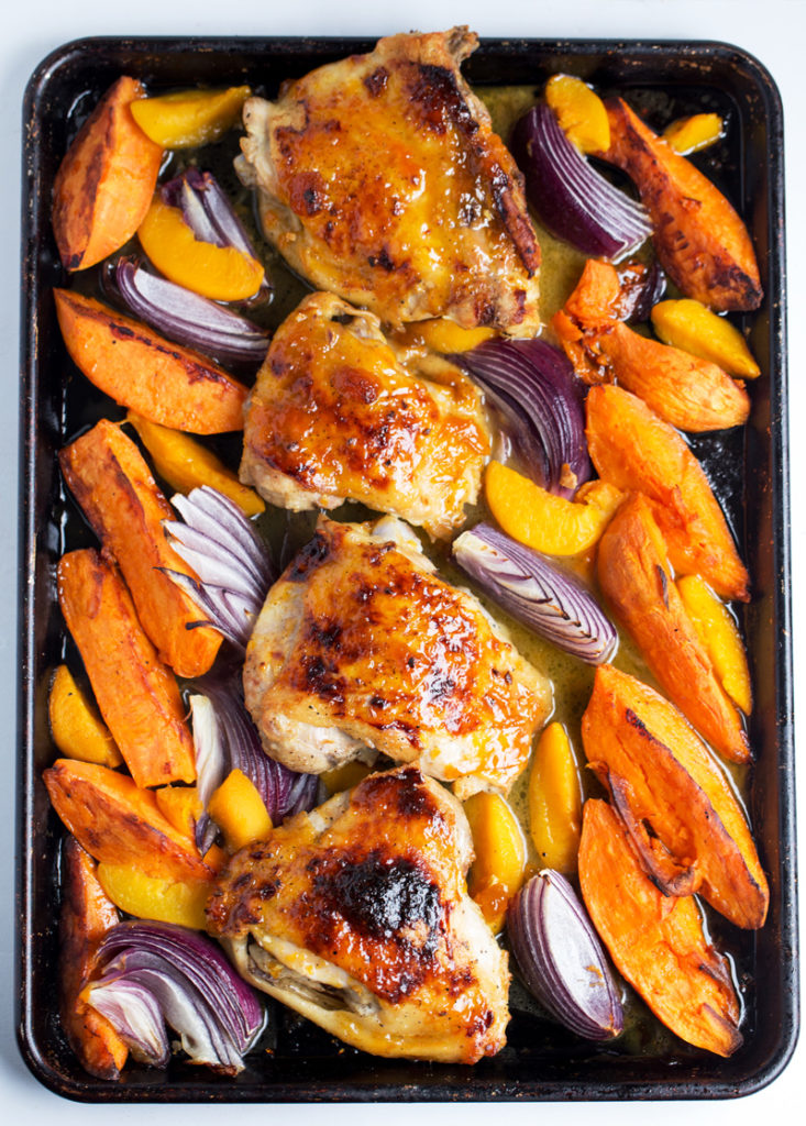 Sheet Pan Baked Apricot Chicken with Sweet Potatoes