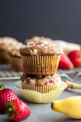 A wholesome breakfast, these Banana Strawberry Wheat Muffins are packed with good-for-you ingredients. Perfect for an on-the-go breakfast, Sunday brunch, or even as a decadent dessert!