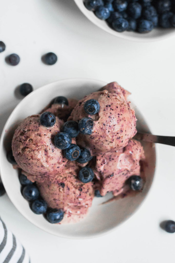 Everybody screams for Blueberry Banana Nice Cream! Gluten free, dairy free, vegan, and refined sugar free, nice cream is essentially bananas that have been frozen and blended to create an ice cream-like consistency. Pack in the blueberries and this is an irresistible, guilt-free dessert.