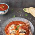 This low-carb, 5-Ingredient Eggplant Rollatini is a healthy comfort food that's perfect for a weeknight dinner. This healthier classic is made with grilled eggplant slices that are filled with ricotta, mozzarella, and parmesan cheeses, then topped with marinara sauce.
