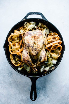 Jamaican Curry Roast Chicken, a one pot meal of roasted whole chicken that serves as meal prep all week long. Over a salad, over rice, in a soup, or even on its own, make this curry-spiced roast chicken and vegetables once for family meals throughout the week.