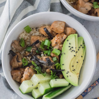 This Teriyaki Chicken Rice Bowl is the perfect weeknight dinner. A cheap healthy meal that uses chicken thighs, rice, and a host of flavorful spices. Topped with avocado and cucumber, this dish is reminiscent of sushi in a bowl. To make this a 30-minute meal, you need to read the secret home chef tip!