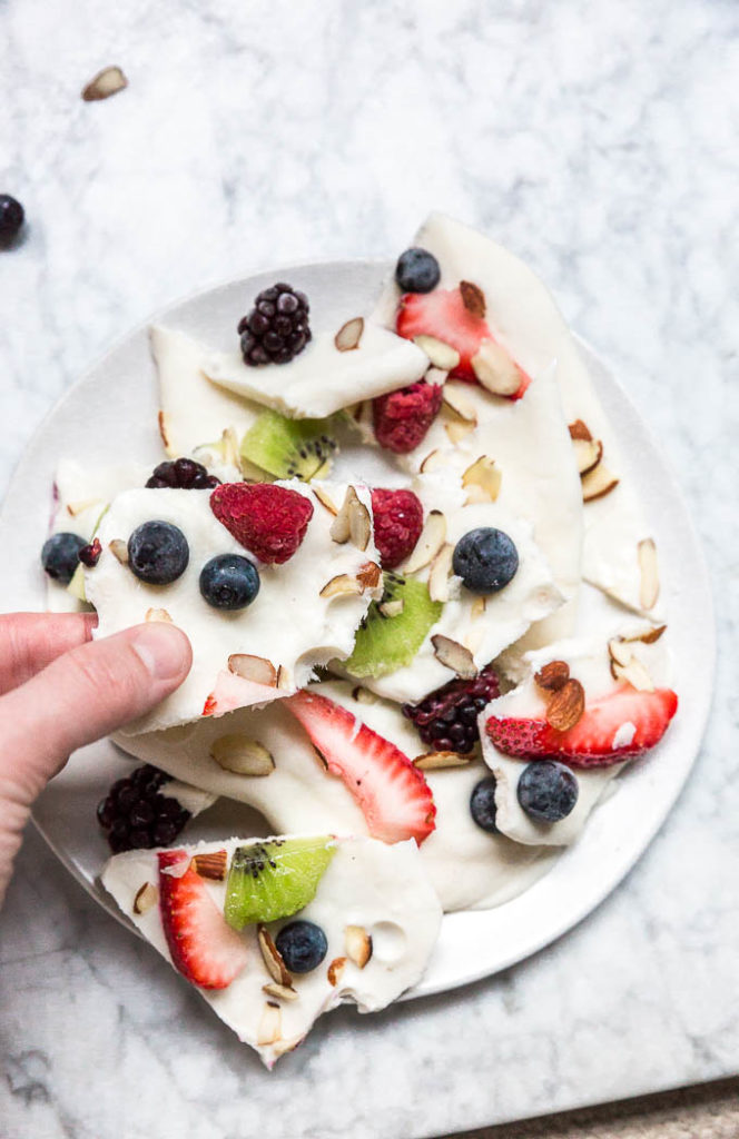  Just like chocolate bark only healthier, this Fruit-Nut Frozen Greek Yogurt Bark is the perfect kid-friendly snack. A 4-ingredient dessert recipe with no refined sugar that's the perfect after-school snack or light summer dessert idea.