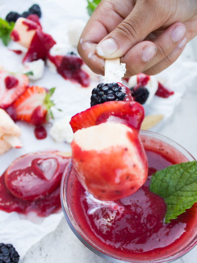 Ice Cream Fruit Kebabs with Berry Sauce. The best BBQ dessert with tips on ice cream kebab perfection!