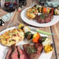 This Herb Butter Grilled Filet Mignon is the perfect centerpiece for a date night dinner, easy weeknight meal, or backyard entertaining. This 30-minute meal is complete with grilled vegetable kabobs and a glass of Cabernet Sauvignon.