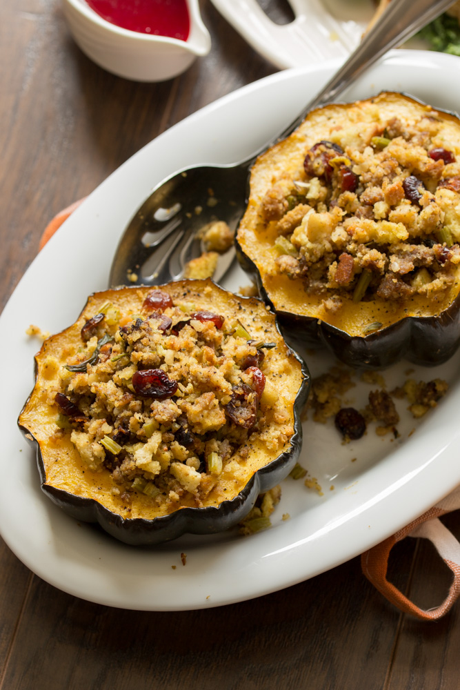 If you're cooking for two this holiday season, this Sausage Stuffing Acorn Squash needs to be on your holiday menu. Fresh produce, pork sausage, and cranberries dress up store-bought stuffing in this single-serve side dish.