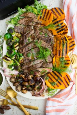 If you're planning a fall dinner party with friends, this Indoor Grilled Steak is the perfect dish to serve. Marinated grilled steak with fresh fall veggies and a sweet dill dressing is the perfect combination for indoor grilling!