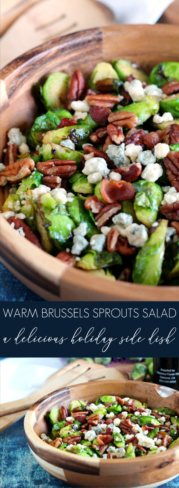 Warm Brussels Sprouts Salad is the perfect portable side dish for an office potluck or family feast. Seasonal produce is served with bacon, blue cheese, and pecans. A unique side dish to liven up the holiday dinner menu.