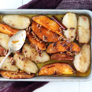 If you love seasonal produce, this Spiced Roasted Pears + Sweet Potatoes is the recipe for you! Serve as a hearty side dish or rustic dessert; either way, this one-pan dish is sure to be loved by all!