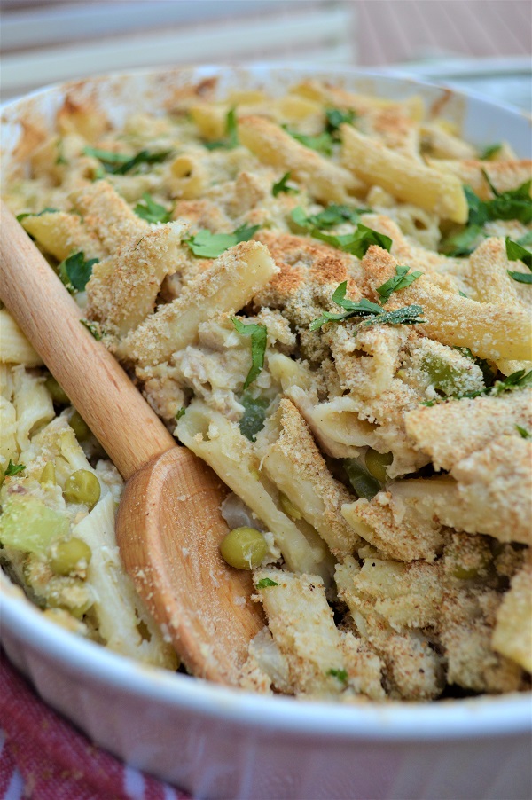 This Gluten-Free Tuna Noodle Casserole is a healthier classic comfort food, and it's dairy free! Gluten-free penne pasta is combined with tuna, peas, onions, celery, and almond milk in a 30-minute meal perfect for busy weeknights.