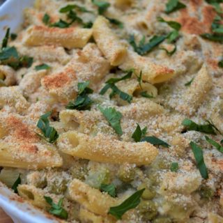 This Gluten-Free Tuna Noodle Casserole is a healthier classic comfort food, and it's dairy free! Gluten-free penne pasta is combined with tuna, peas, onions, celery, and almond milk in a 30-minute meal perfect for busy weeknights.