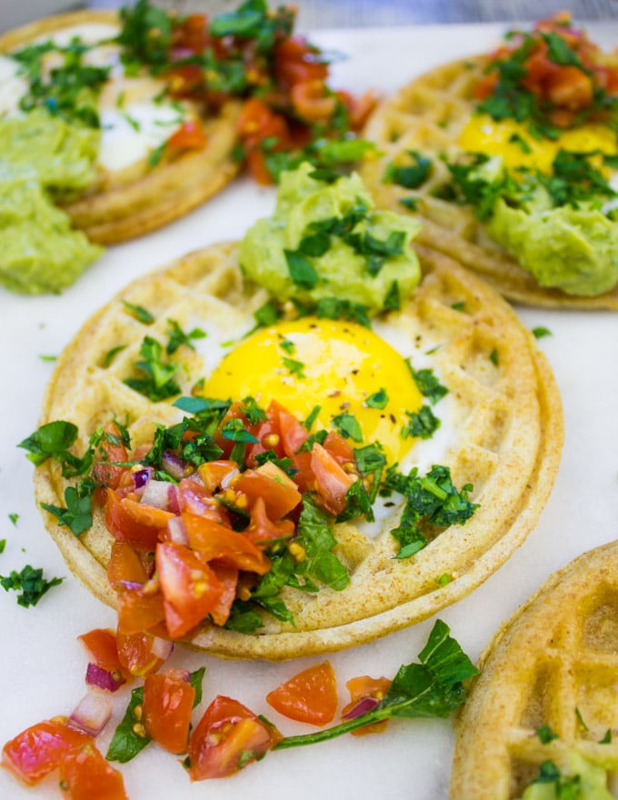 Imagine the perfect crispy buttery waffles and creamy eggs, topped with Pico de Gallo and Guacamole.