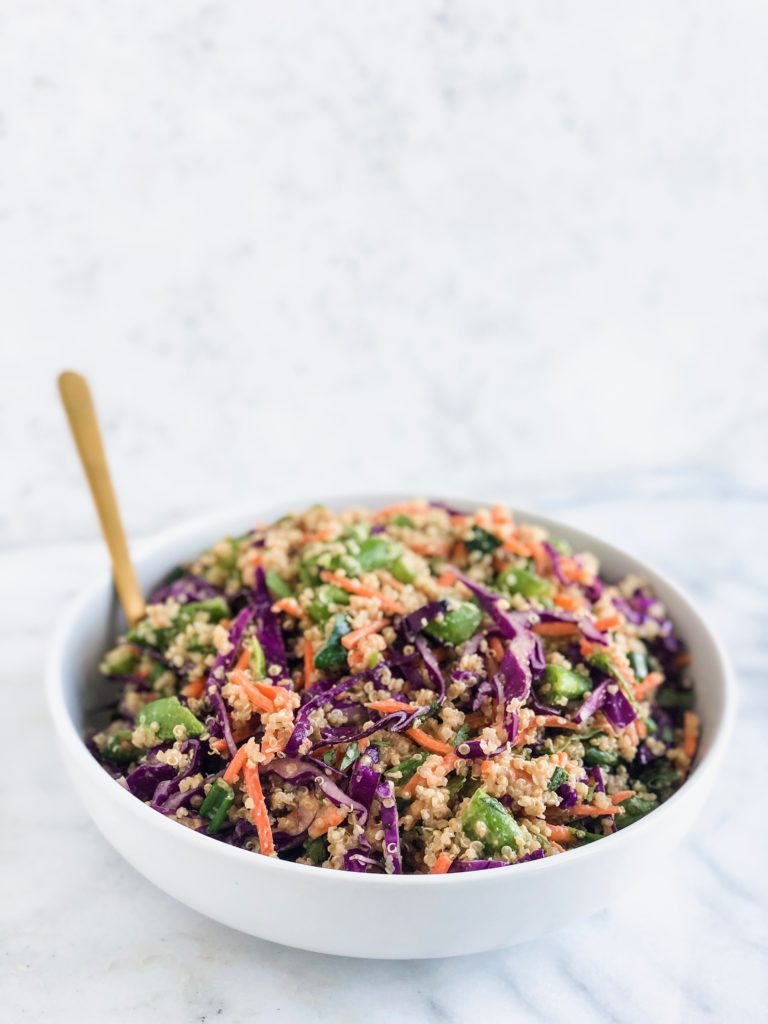 Make nutritious weekday lunches ahead of time when you meal prep this healthy and colorful Chopped Thai Peanut Quinoa Salad. This simple salad recipe is a 30-minute meal and a great way to save money and fuel your body with nutritious food.