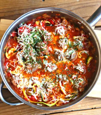 This Keto Meatball Zoodles Skillet Meal is a low carb dish ready in about 30 minutes. This cheap healthy meal is perfect for a busy weeknight or entertaining guests!