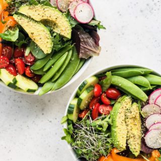 This Farmers Market Salad is filled with colorful, fresh veggies, creamy avocado, and homemade sweet basil dressing. Perfect as an easy lunch or light dinner, this spring salad is customizable with whatever fresh farmers market produce you have on hand!