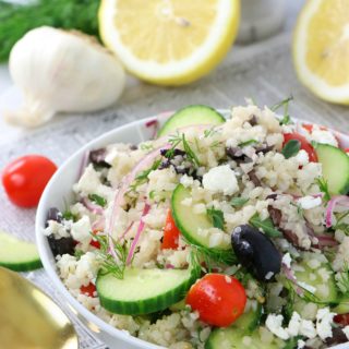 Whether you're looking for a plant-based meal or a Keto Diet friendly dish, this Mediterranean Cauliflower Rice Bowl will not disappoint! This low carb rice bowl is packed with Greek flavors and it's the perfect 15-minute meal for a busy weeknight.