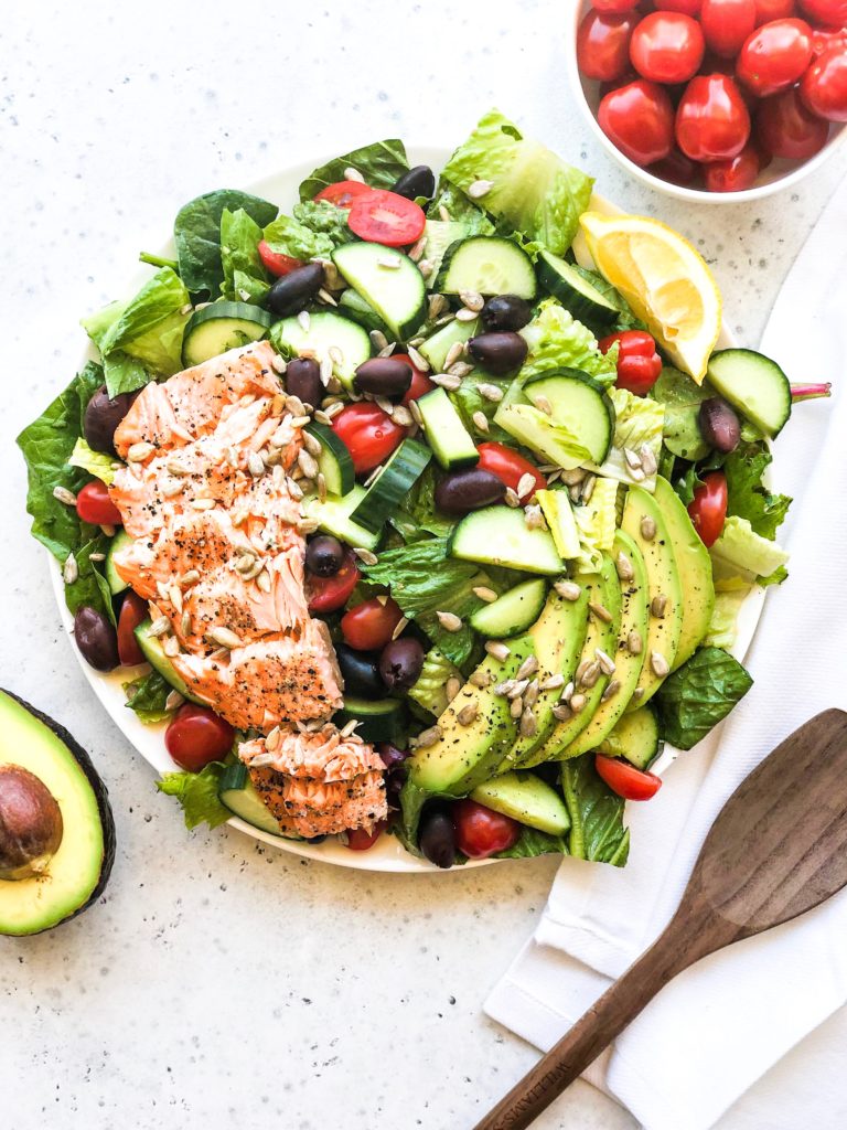 Protein-packed salads like this Mediterranean Diet Salmon Salad, never go out of season. Packed with farmers market produce and delicious, tender salmon, then topped with a homemade Greek vinaigrette.