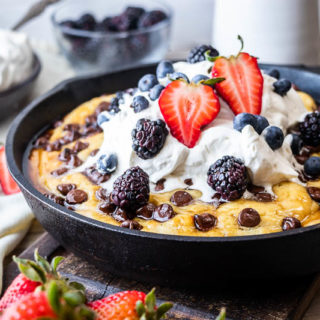 Kick up your Sunday brunch game when you make this impressive Cast Iron Chocolate Chip Pancake. Fluffy pancake batter is baked to perfection in about 30 minutes in your cast iron skillet. Top with your favorite farmers market fruit!