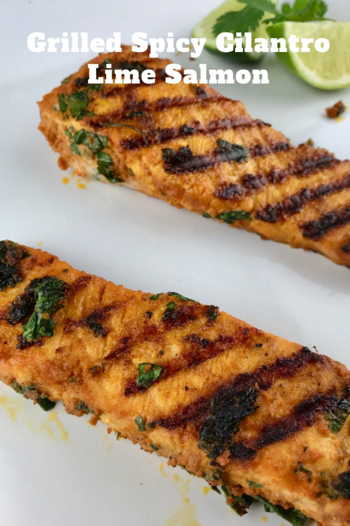 Grilled Spicy Cilantro Lime Salmon is a 30-minute meal perfect for a weeknight dinner. Keto Diet grilled salmon with cauliflower rice and grilled veggies.