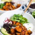 These 30-Minute Sweet Potato Taco Bowls are the perfect healthy weeknight meal. A budget-friendly, plant-based meal, sweet potatoes are mixed with rice, black beans, and all of your favorite farmers market vegetables.