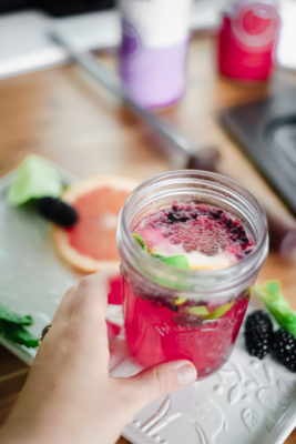 This Grapefruit Blackberry Mimosa Mocktail is perfect for summer entertaining since it contains no alcohol. Made with good-for-you ingredients, including a shot of hemp, this fruit-infused drink won't leave you feeling tired or bloated.
