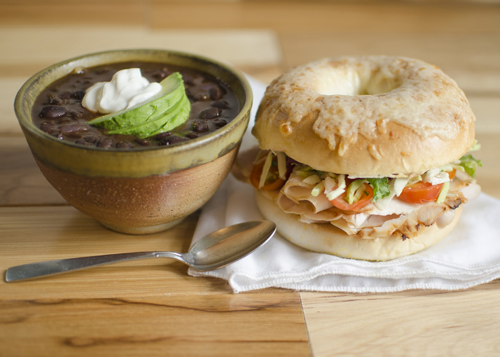 Recreate a deli favorite at home with this Turkey Asiago Bagel paired with Black Bean Soup. This budget-friendly, deli-style meal features smokey, cheesy, slightly spicy, and bold flavors!