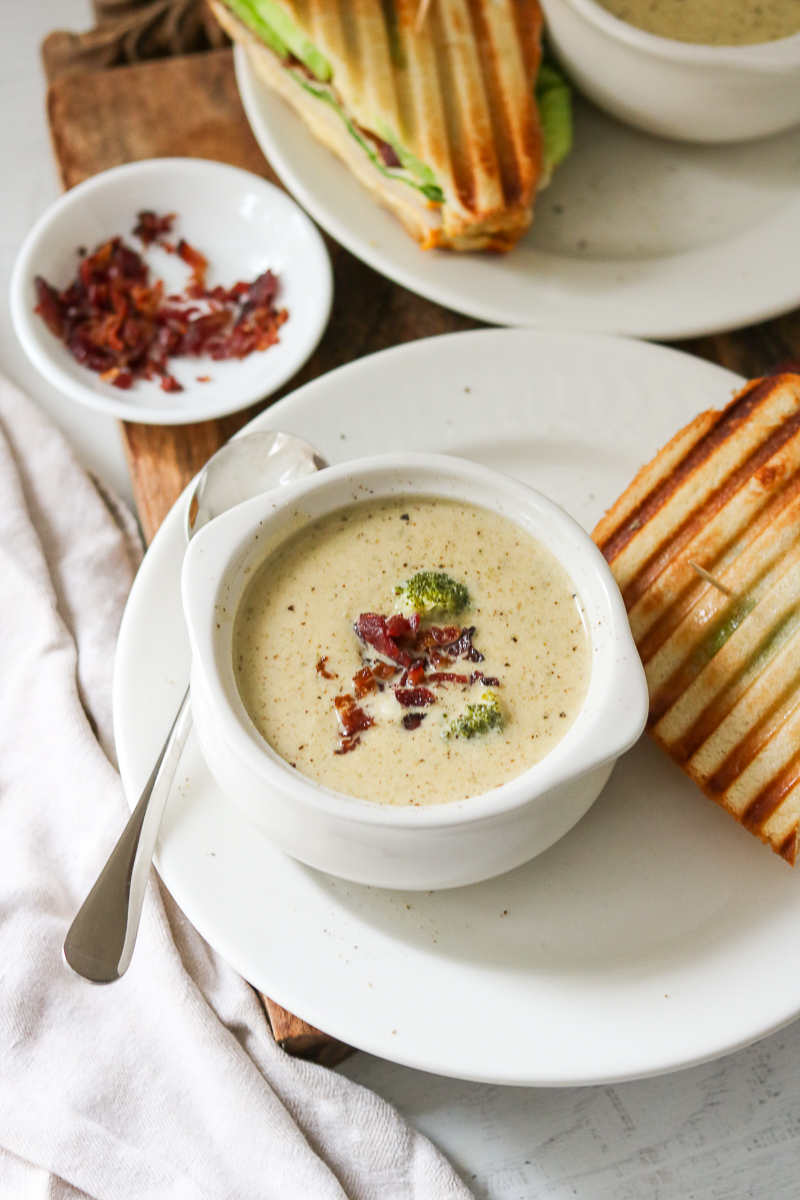 Enjoy a budget-friendly deli-style meal with this Broccoli Cheese Soup and Hot Turkey Club Panini combo. Creamy cheddar cheese soup with broccoli paired with a crunchy turkey panini with tomatoes, cheese, beef bacon, and crisp Romaine.