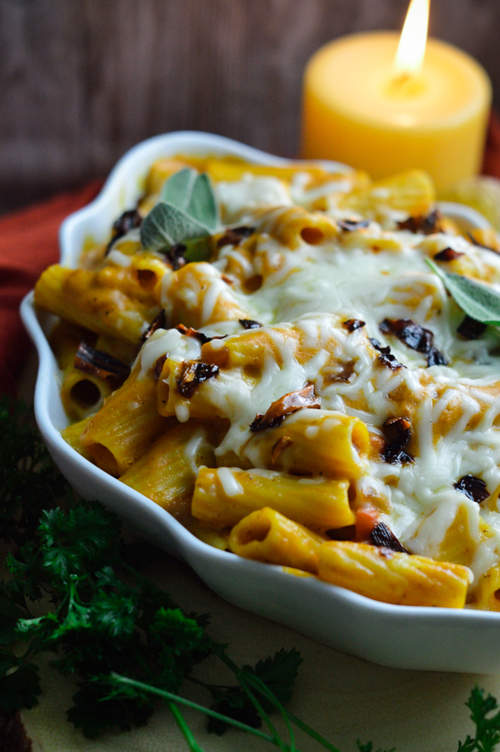 Fall flavors abound in this Cheesy Pumpkin Pasta Casserole with Maple Glazed Carrots. Whole-wheat pasta tossed in pumpkin cheese sauce which is a combination of pumpkin purée, sautéed garlic and onions, and fresh cheese.